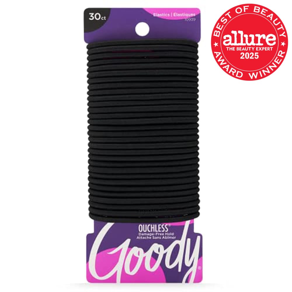 Goody Ouchless Elastic Hair Ties, 30 Ct, Black, 4MM Rubber Bands, Pain-Free
