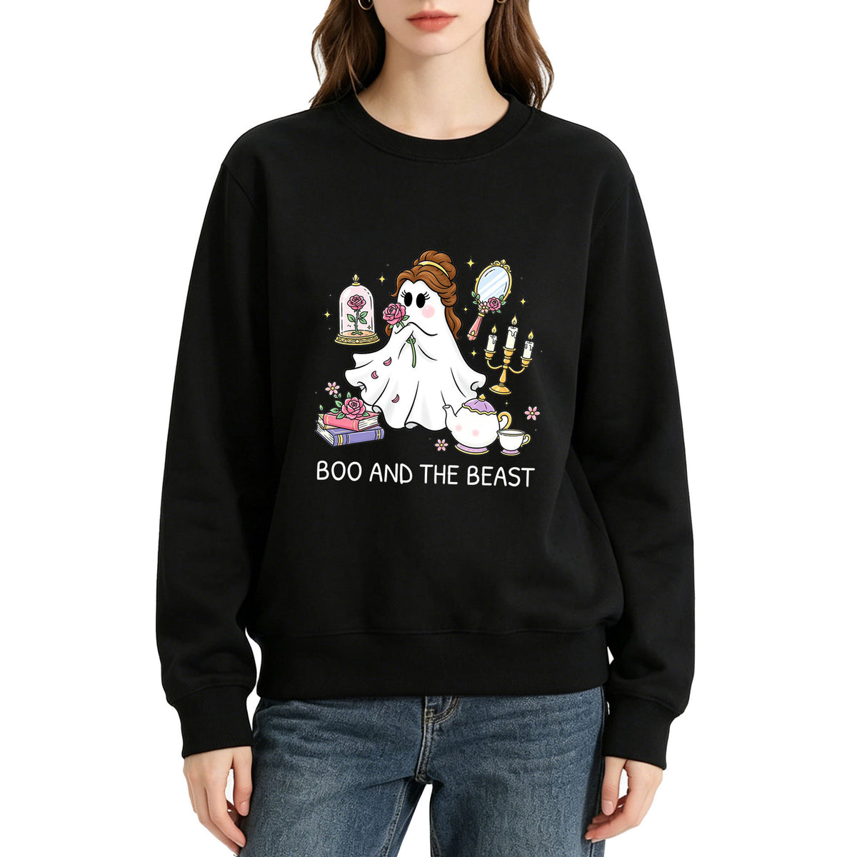 Printed round neck hoodie “Boo and the Beast”