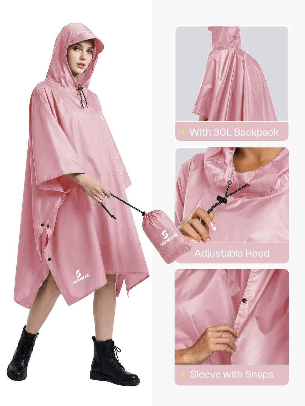 SaphiRose Hooded Rain Poncho Waterproof Raincoat Jacket for Men Women Adults