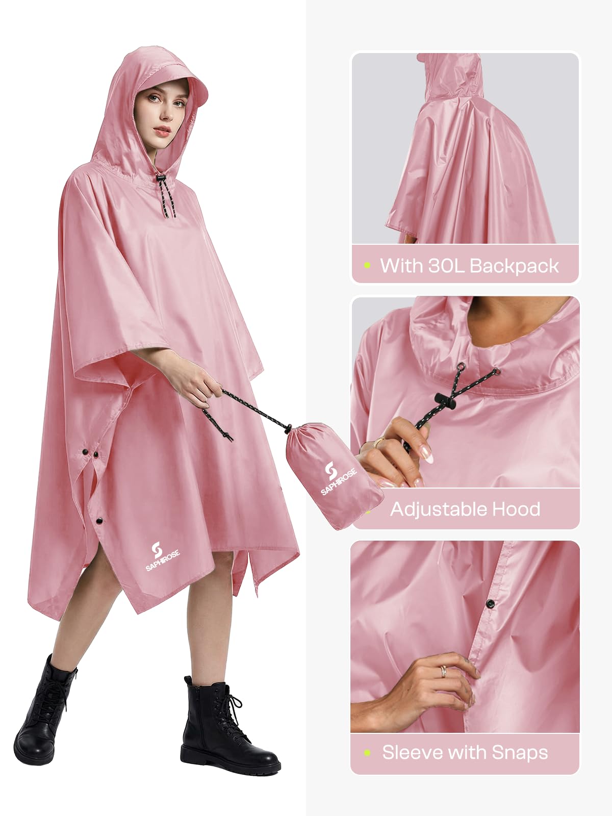 SaphiRose Hooded Rain Poncho Waterproof Raincoat Jacket for Men Women Adults
