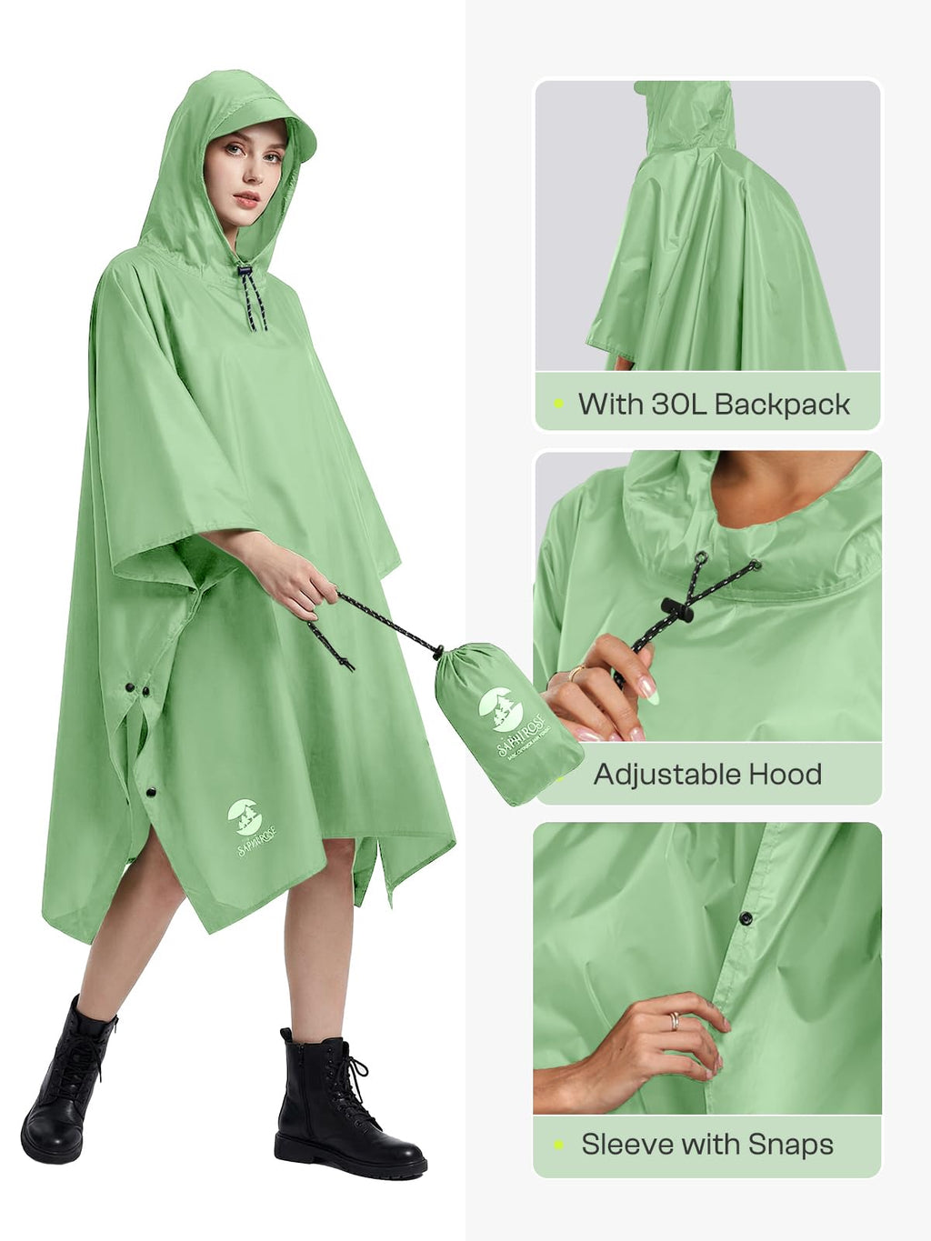 SaphiRose Hooded Rain Poncho Waterproof Raincoat Jacket for Men Women Adults