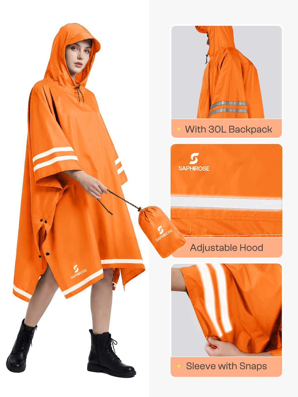 SaphiRose Hooded Rain Poncho Waterproof Raincoat Jacket for Men Women Adults