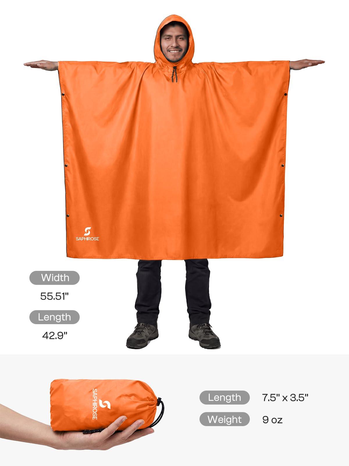 SaphiRose Hooded Rain Poncho Waterproof Raincoat Jacket for Men Women Adults
