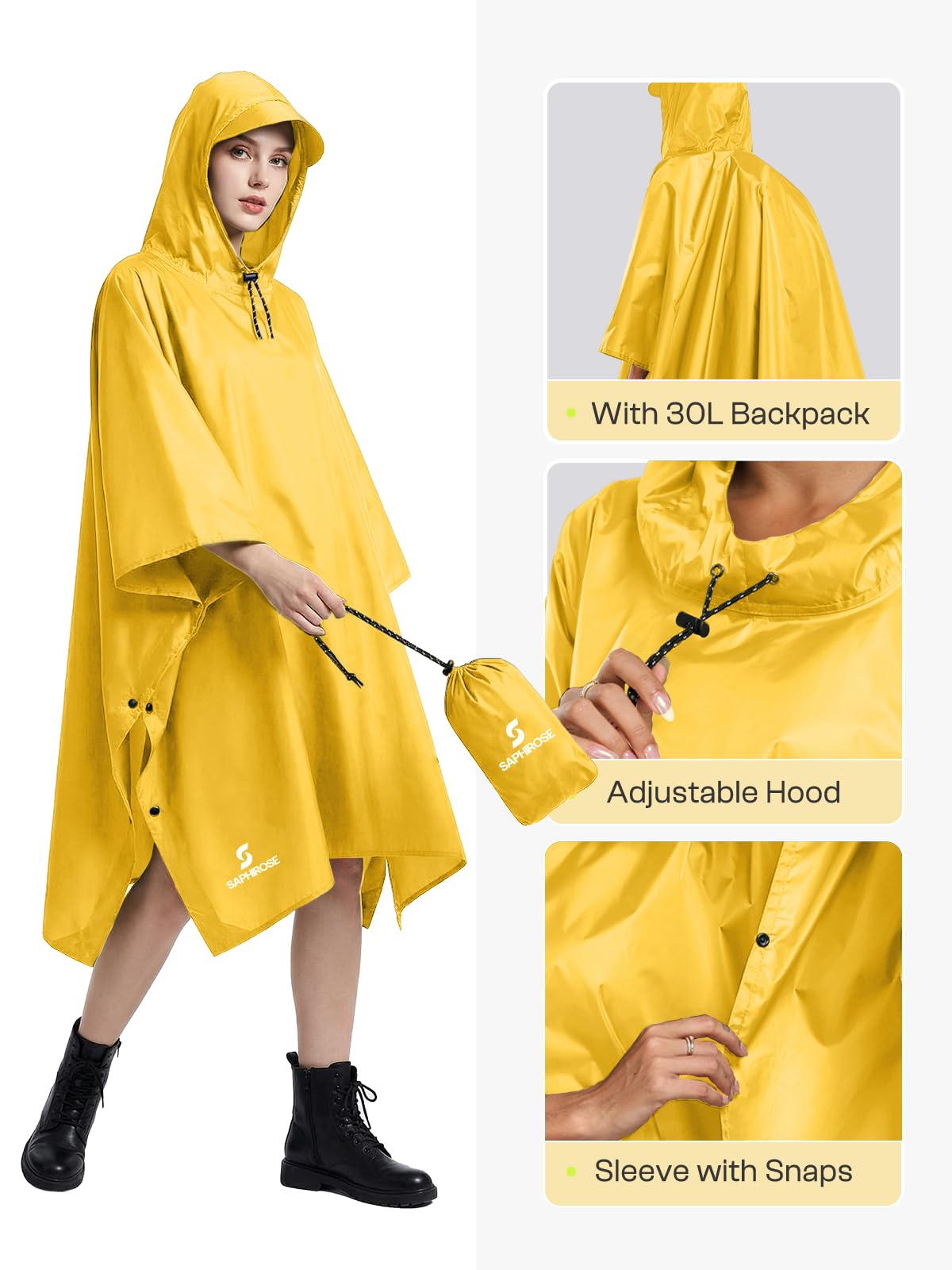 SaphiRose Hooded Rain Poncho Waterproof Raincoat Jacket for Men Women Adults