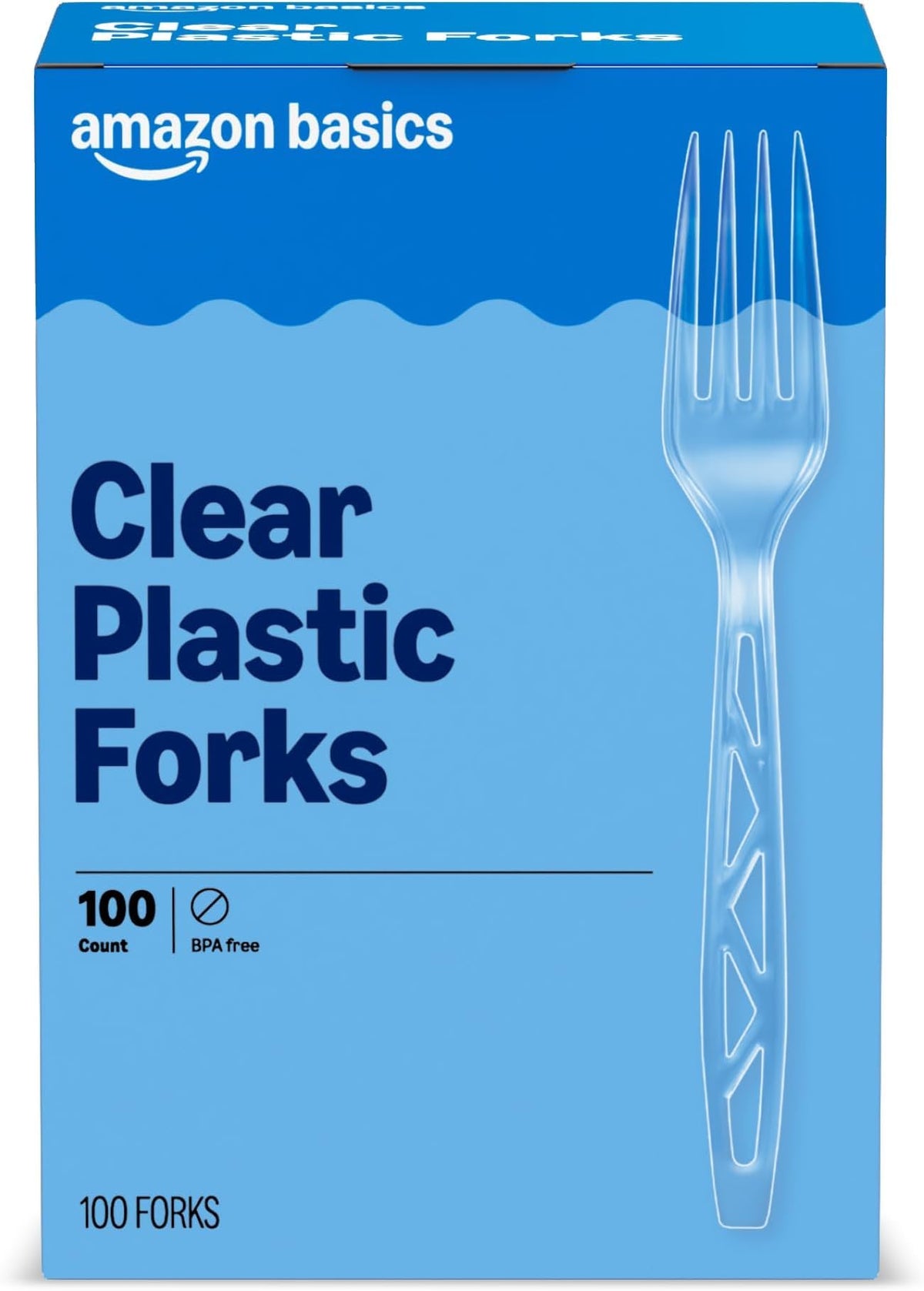 Amazon Basics Disposable Clear Plastic Forks, Premium Quality, 100 Count, Large Pack, Packaging May Vary