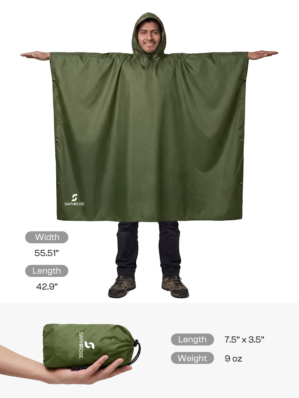 SaphiRose Hooded Rain Poncho Waterproof Raincoat Jacket for Men Women Adults