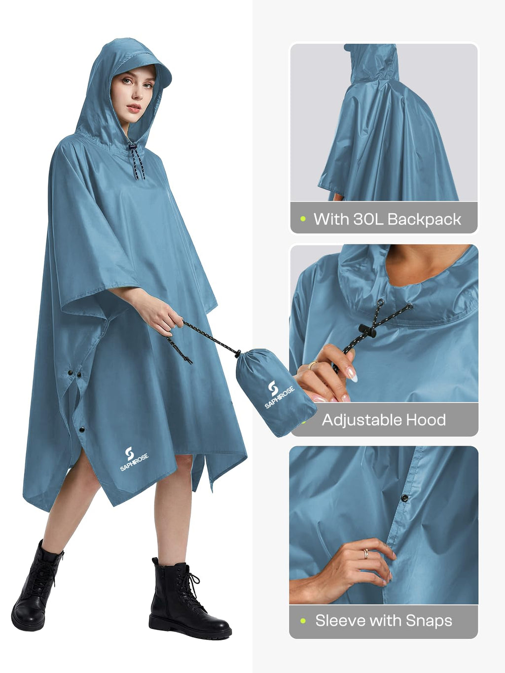 SaphiRose Hooded Rain Poncho Waterproof Raincoat Jacket for Men Women Adults