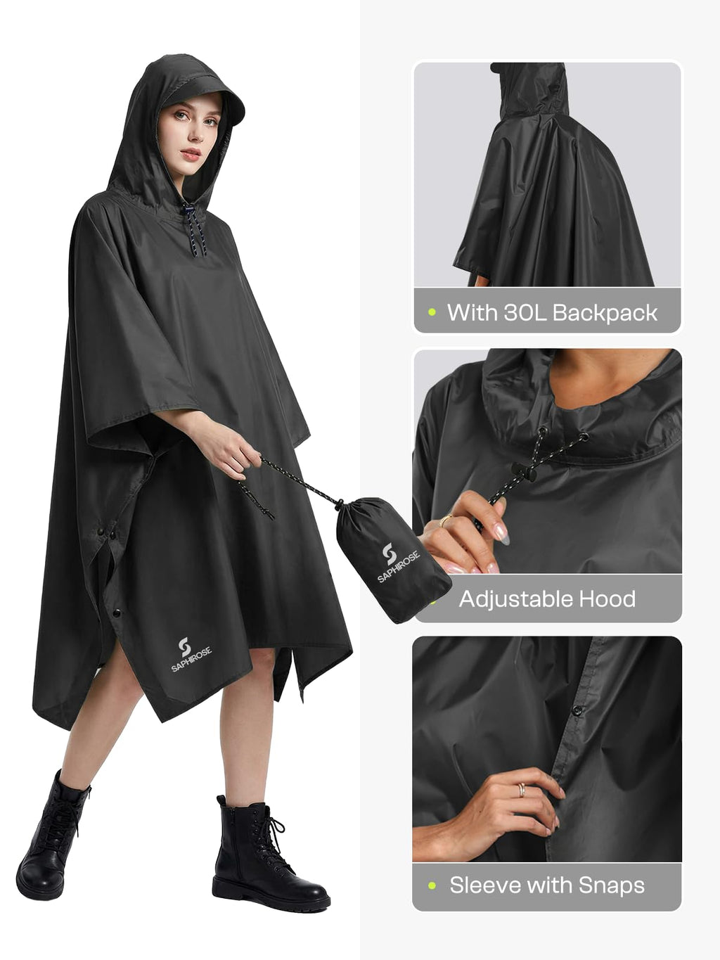 SaphiRose Hooded Rain Poncho Waterproof Raincoat Jacket for Men Women Adults