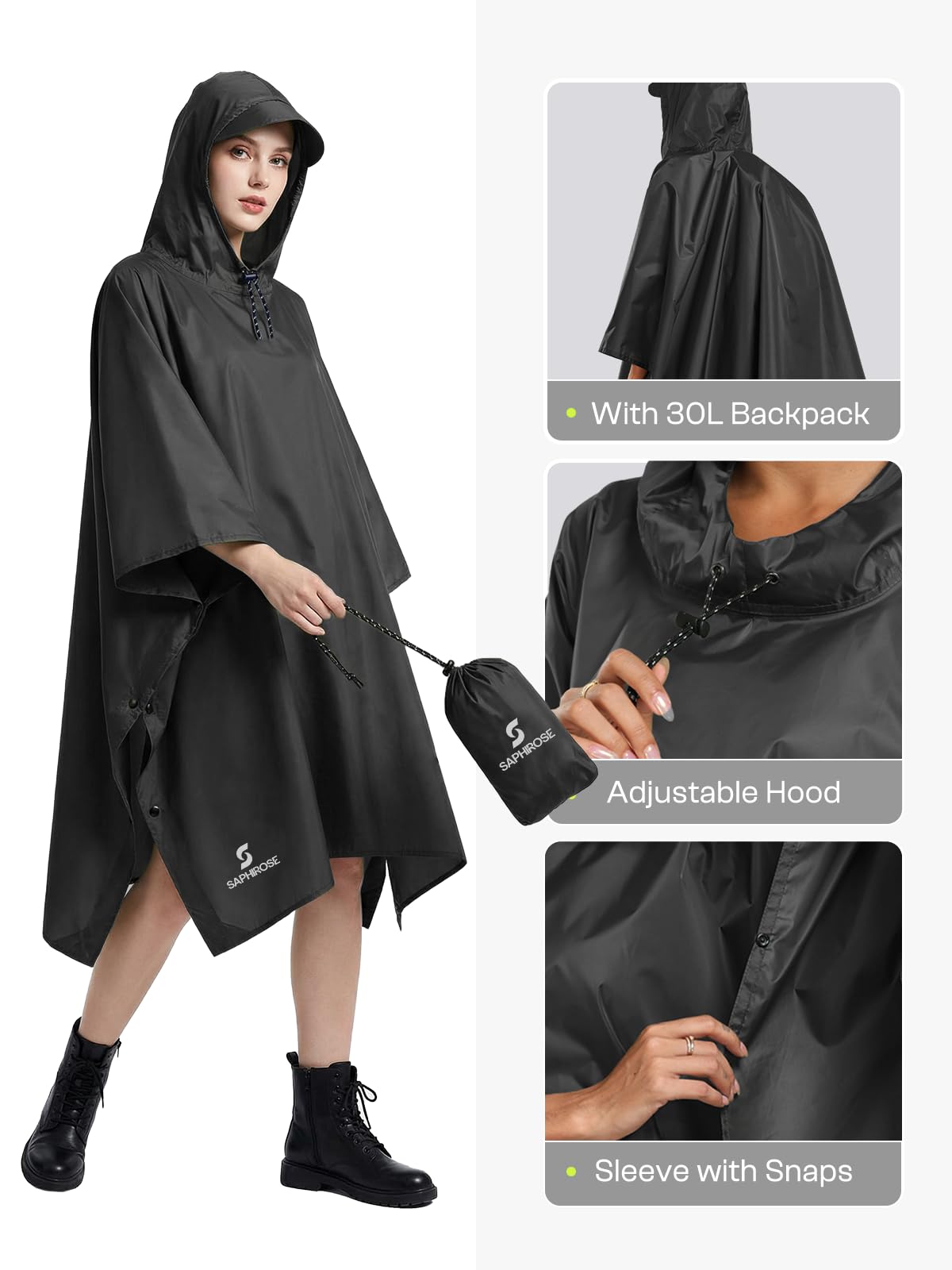SaphiRose Hooded Rain Poncho Waterproof Raincoat Jacket for Men Women Adults