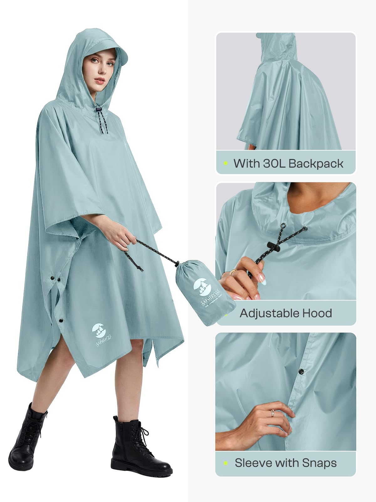 SaphiRose Hooded Rain Poncho Waterproof Raincoat Jacket for Men Women Adults
