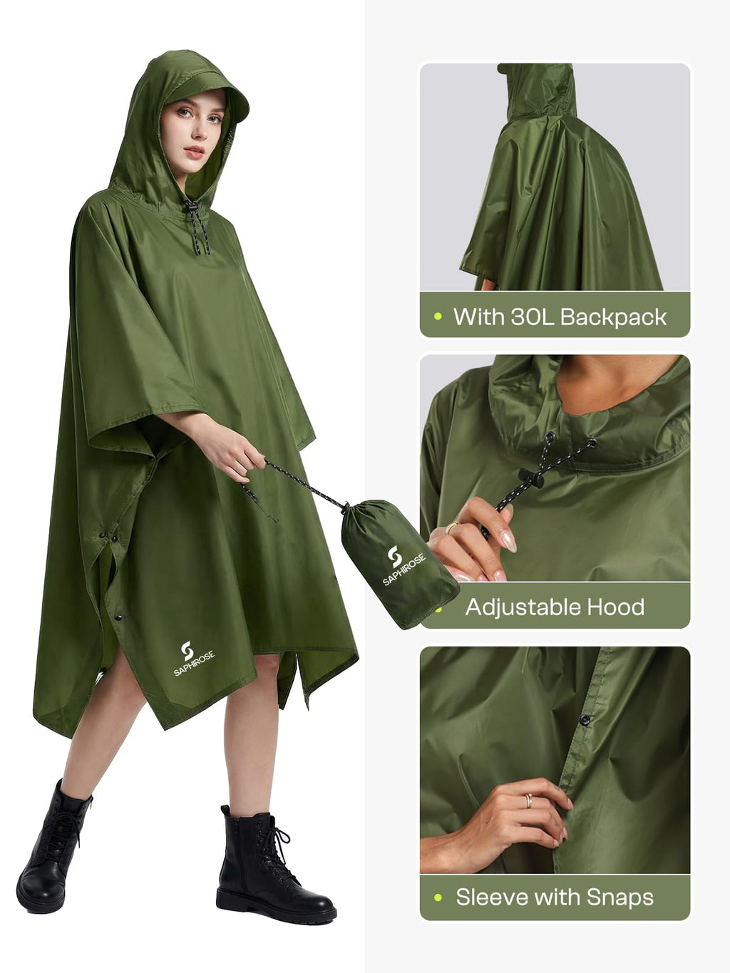 SaphiRose Hooded Rain Poncho Waterproof Raincoat Jacket for Men Women Adults