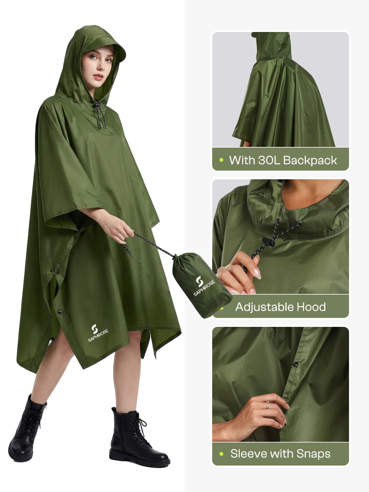 SaphiRose Hooded Rain Poncho Waterproof Raincoat Jacket for Men Women Adults