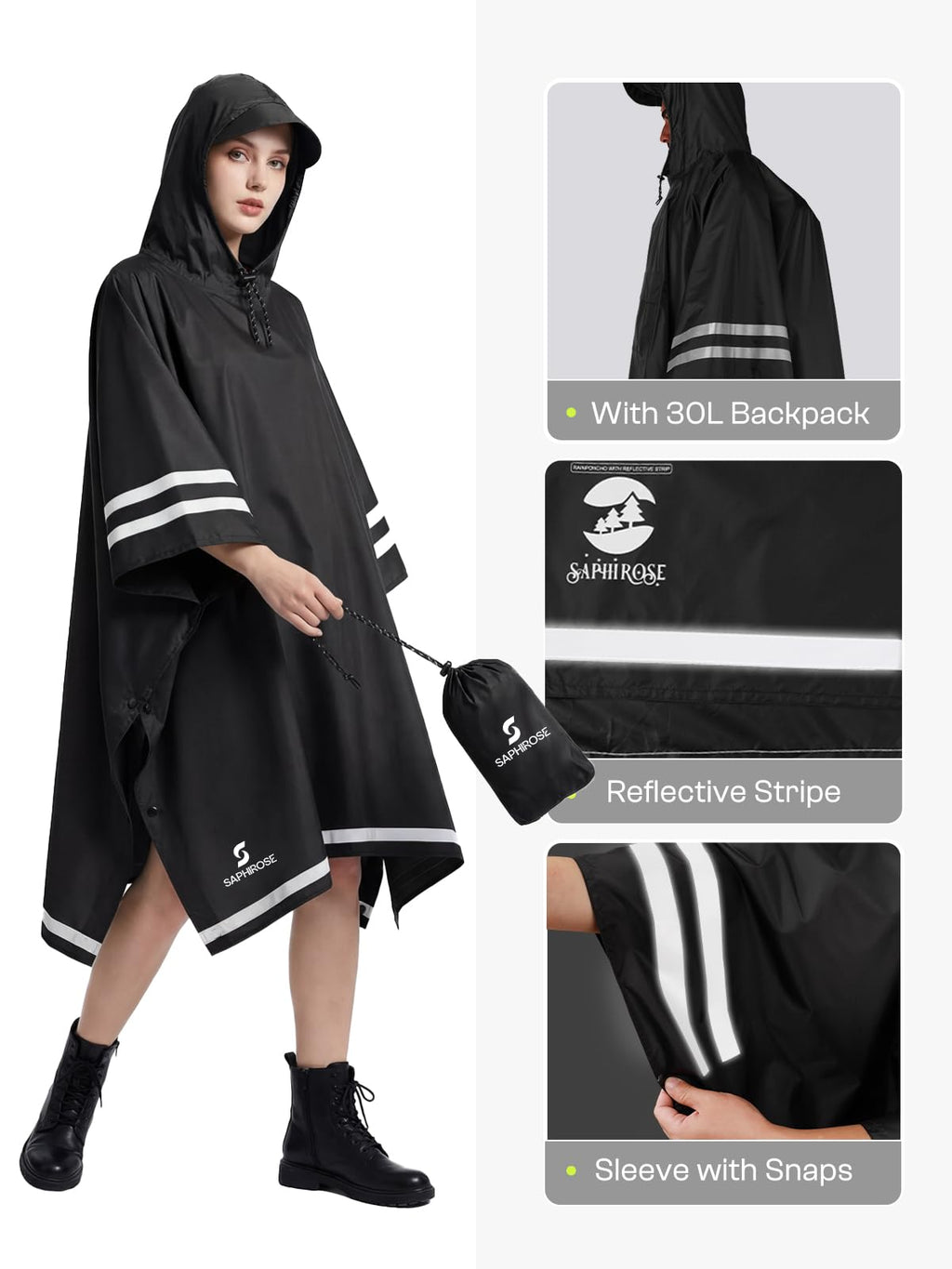 SaphiRose Hooded Rain Poncho Waterproof Raincoat Jacket for Men Women Adults