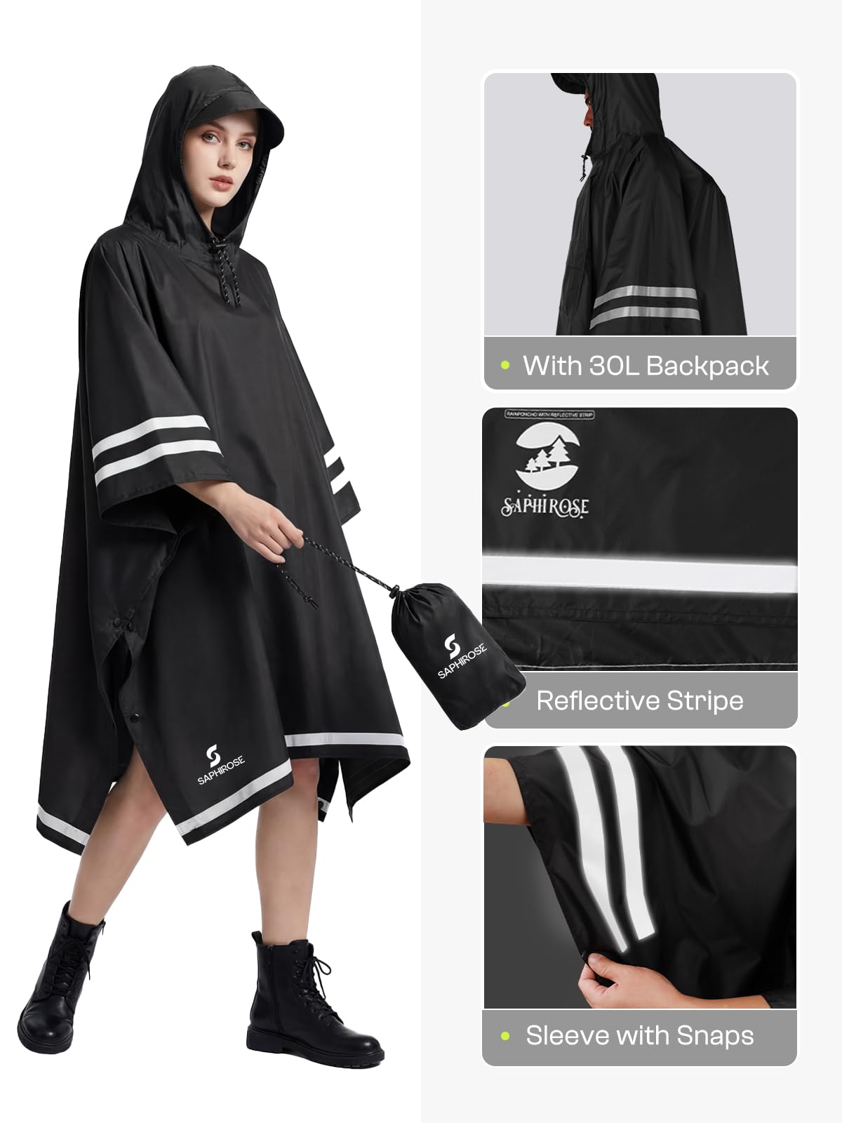 SaphiRose Hooded Rain Poncho Waterproof Raincoat Jacket for Men Women Adults