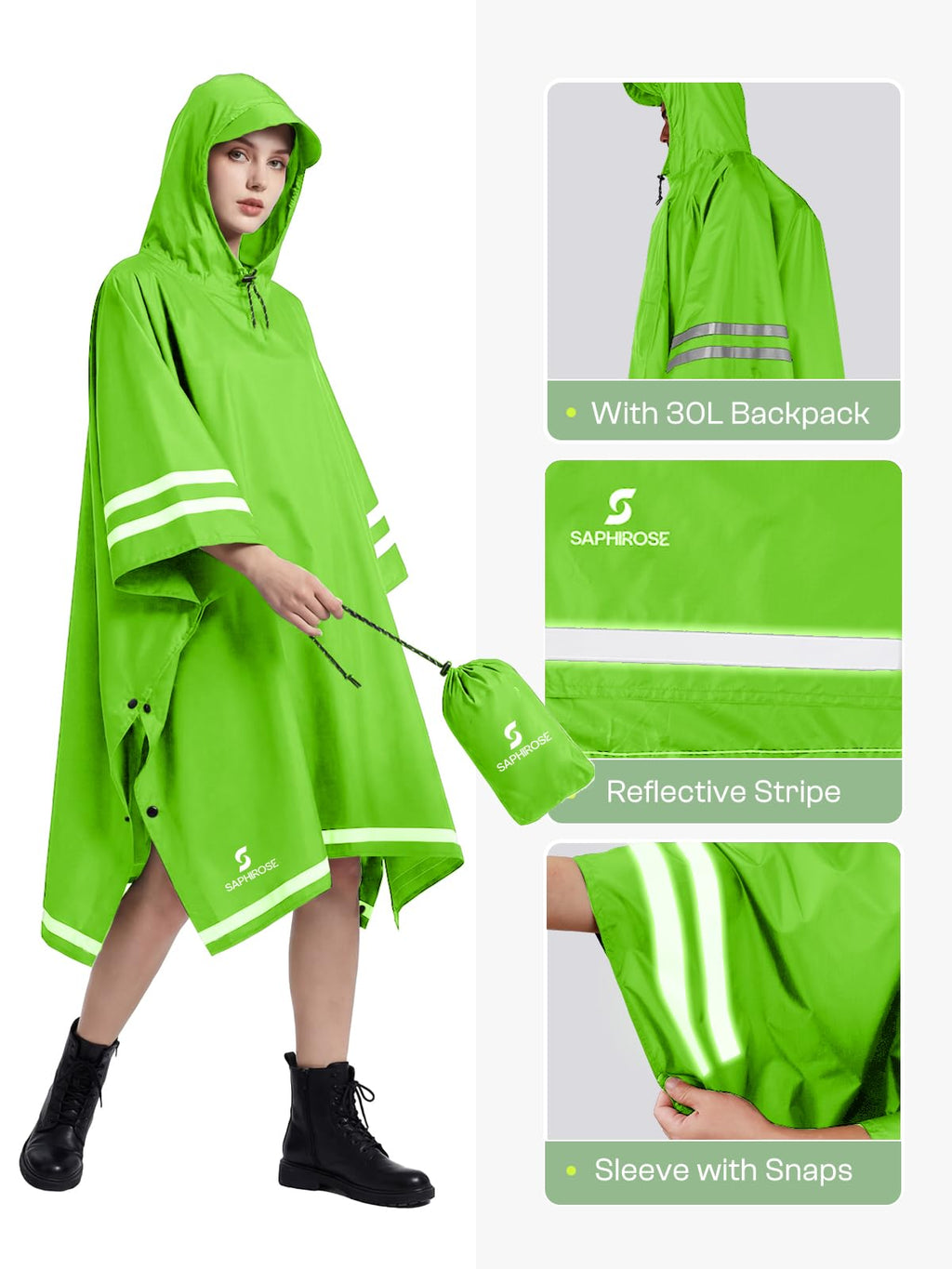 SaphiRose Hooded Rain Poncho Waterproof Raincoat Jacket for Men Women Adults