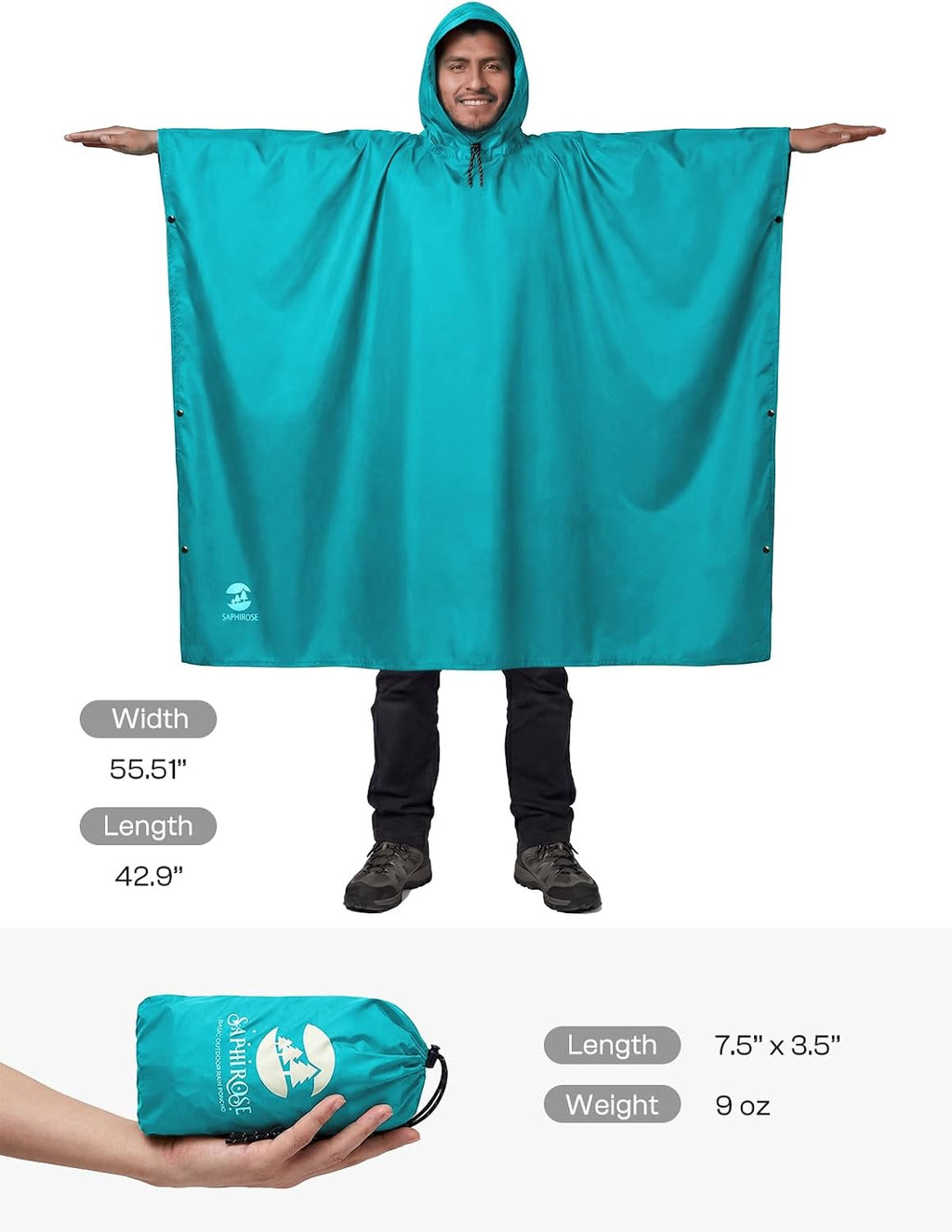 SaphiRose Hooded Rain Poncho Waterproof Raincoat Jacket for Men Women Adults