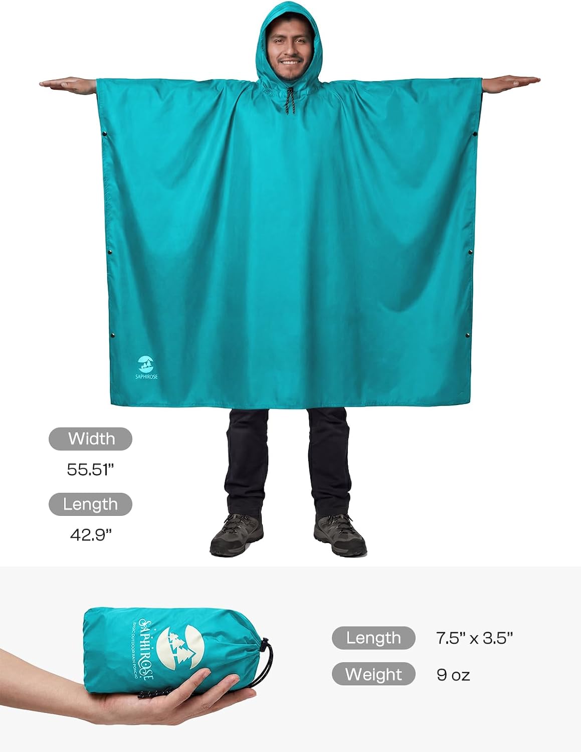 SaphiRose Hooded Rain Poncho Waterproof Raincoat Jacket for Men Women Adults