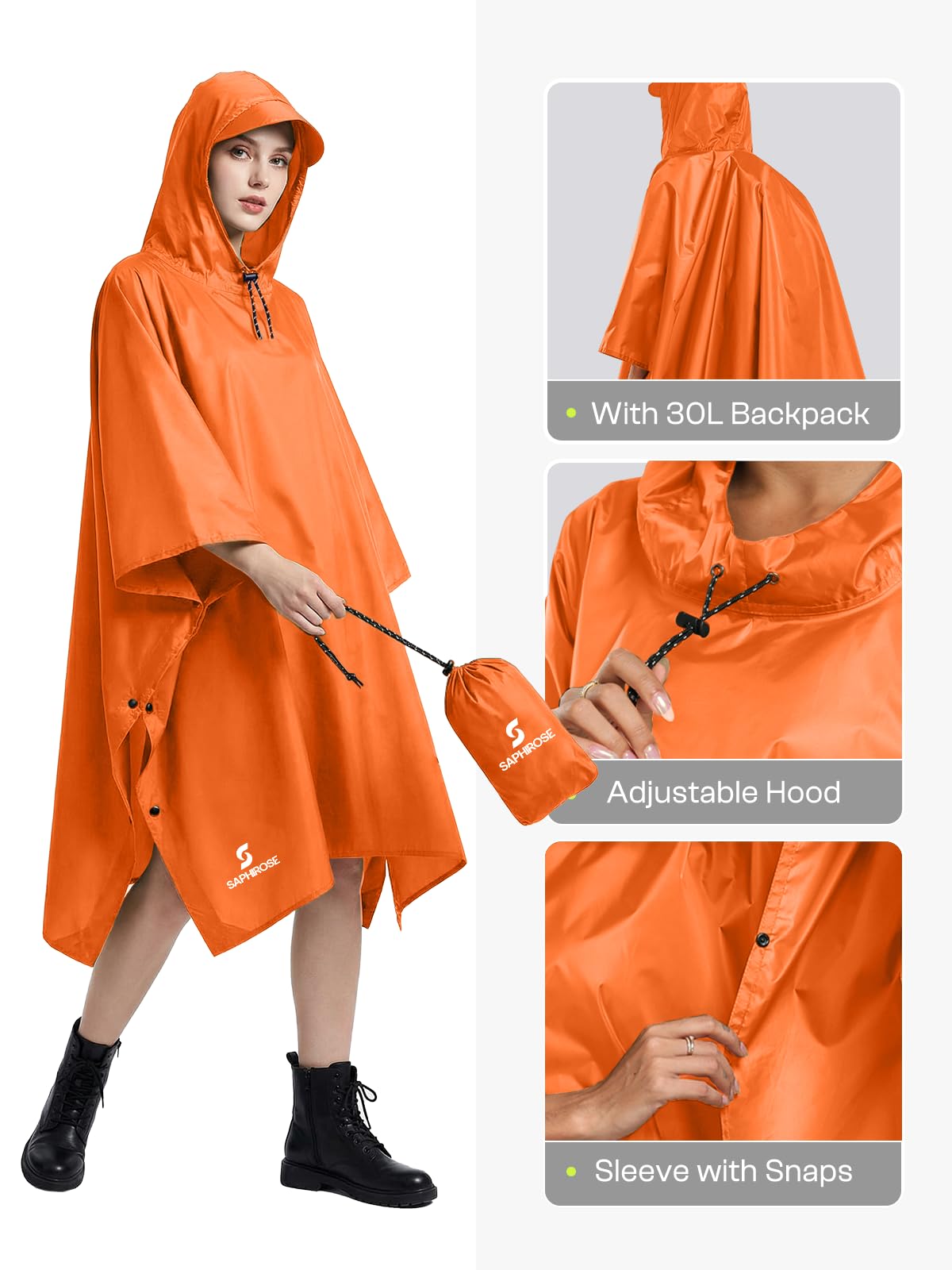 SaphiRose Hooded Rain Poncho Waterproof Raincoat Jacket for Men Women Adults