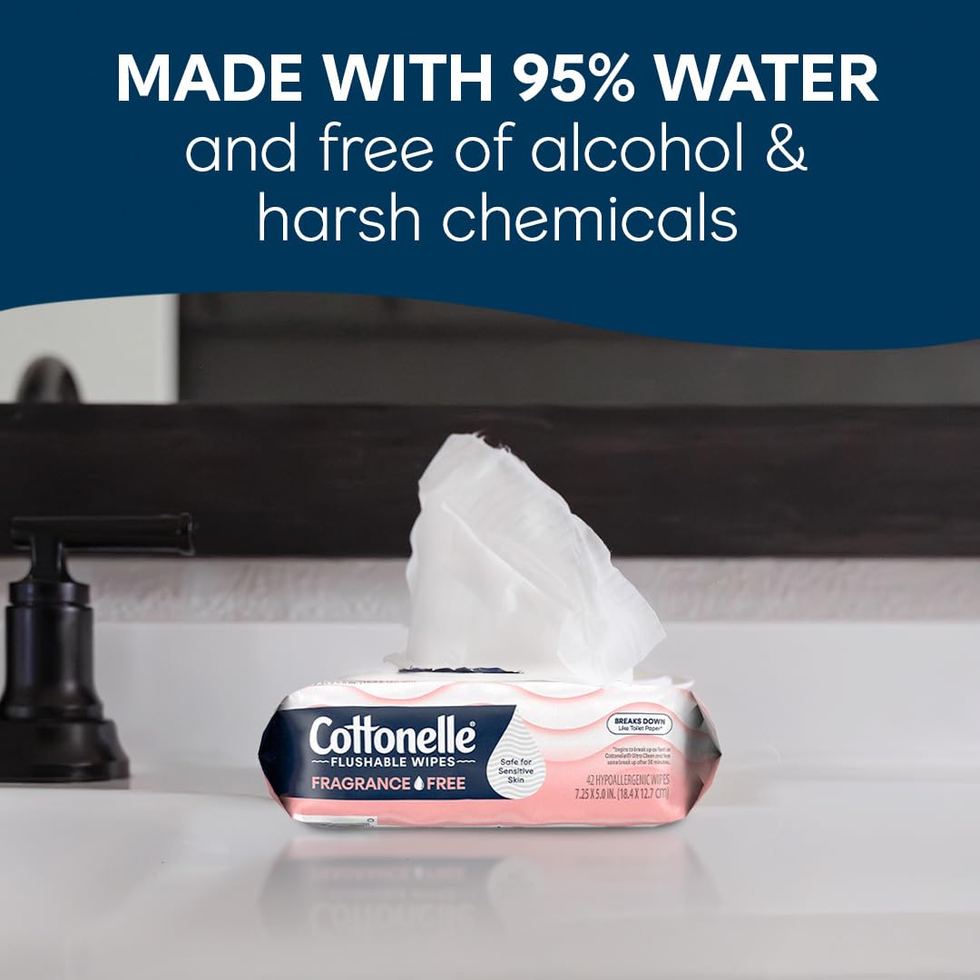 Cottonelle Fresh Feel Flushable Wet Wipes, Adult Wet Wipes, 8 Flip-Top Packs, 42 Wipes Per Pack (336 Total Wipes)