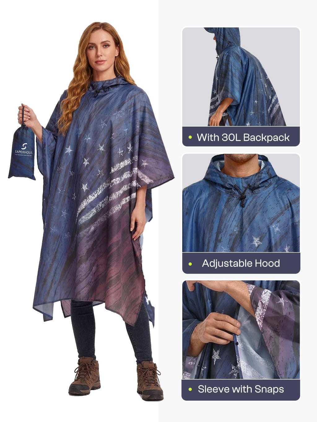 SaphiRose Hooded Rain Poncho Waterproof Raincoat Jacket for Men Women Adults