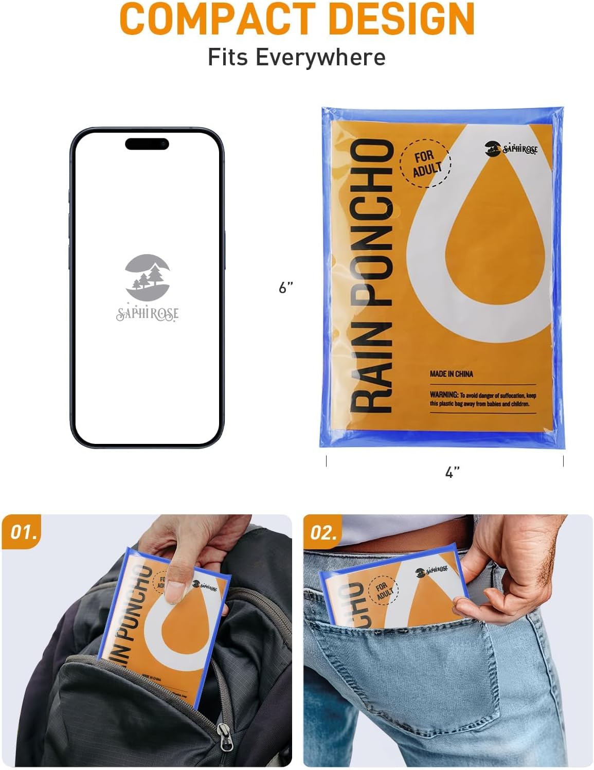 SaphiRose Disposable Adult Rain Ponchos Clear Emergency Raincoat