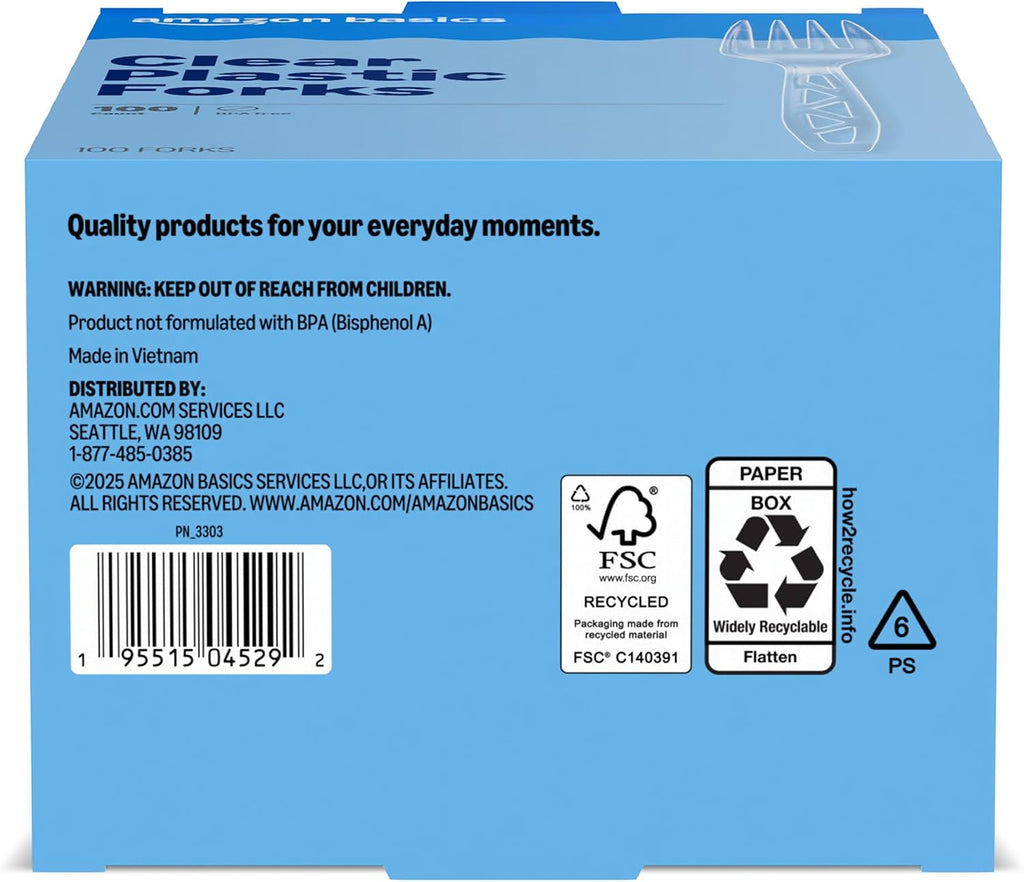 Amazon Basics Disposable Clear Plastic Forks, Premium Quality, 100 Count, Large Pack, Packaging May Vary