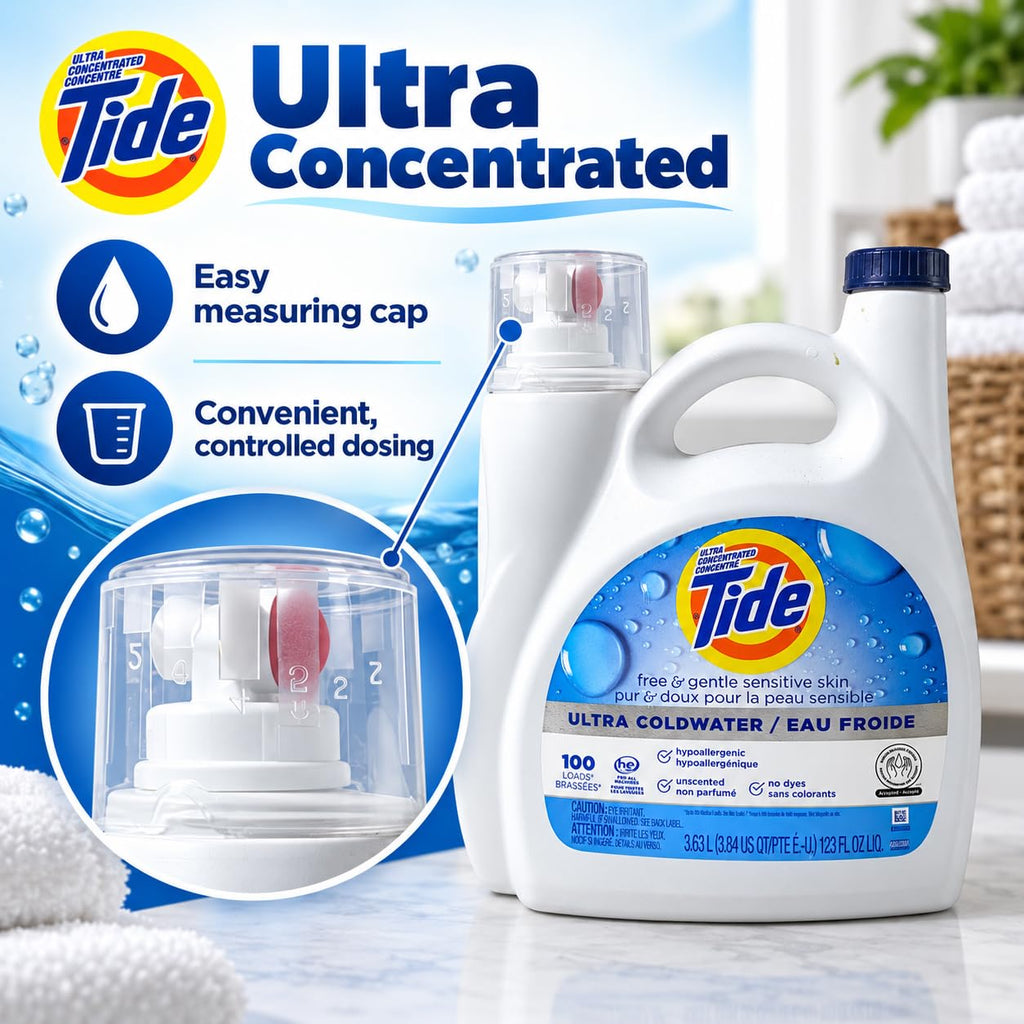 Tide Free & Gentle Liquid Laundry Detergent, Unscented, 1.47 L (32 Loads)