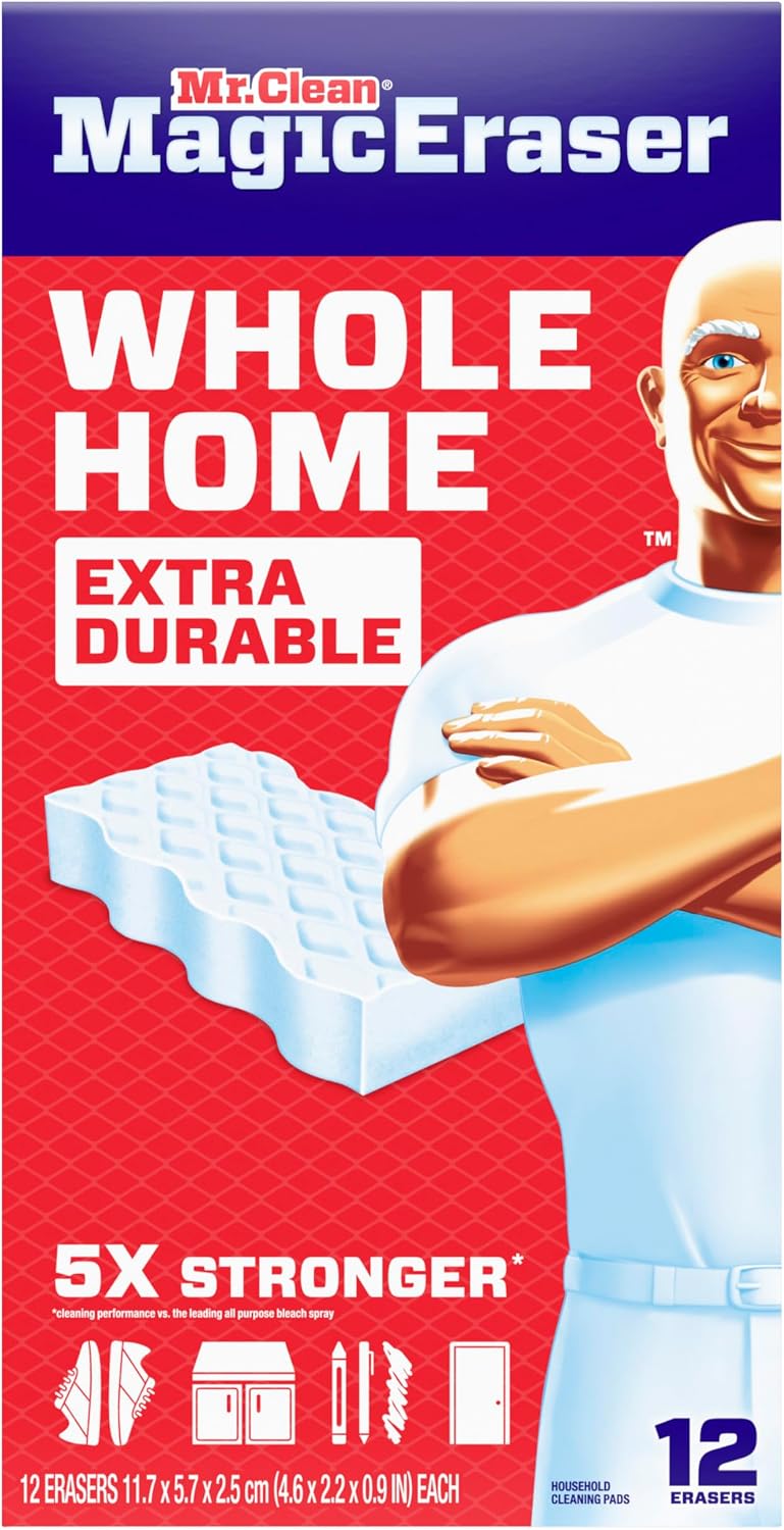 Mr. Clean Magic Eraser, All Purpose Cleaner, Cleaning Scrubber, Wall, Sneaker, Kitchen, Bathroom, Shower Cleaning Supplies, Melamine Pads, Whole Home Extra Durable, 12ct