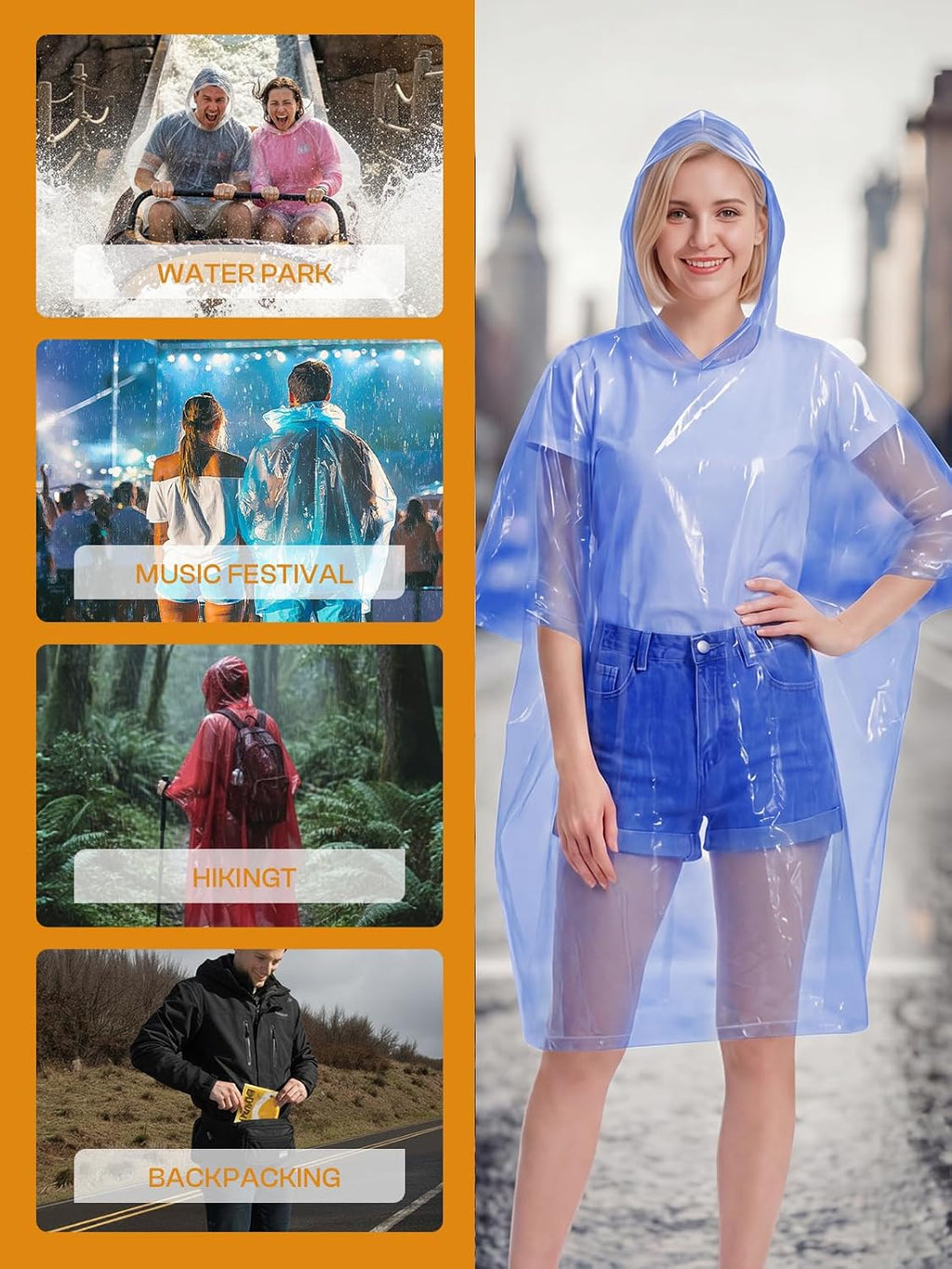 SaphiRose Disposable Adult Rain Ponchos Clear Emergency Raincoat