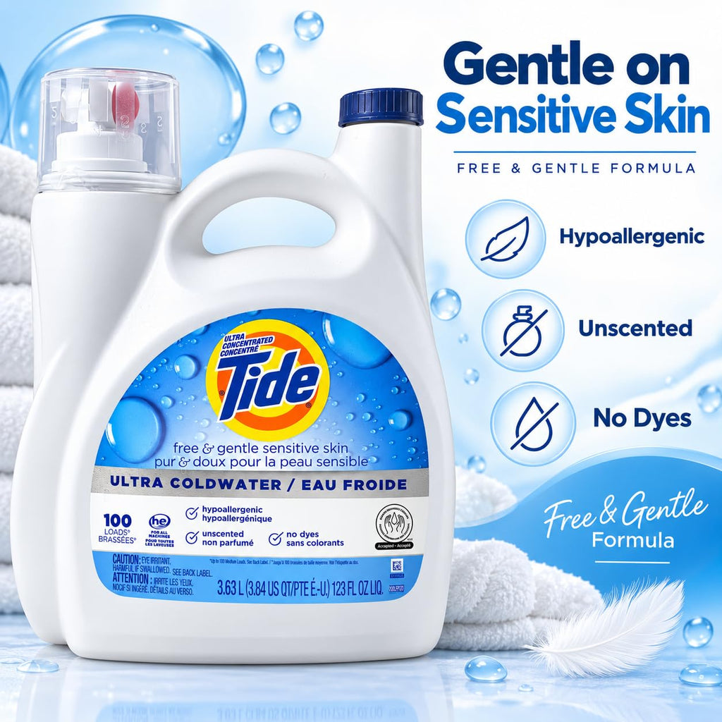 Tide Free & Gentle Liquid Laundry Detergent, Unscented, 1.47 L (32 Loads)