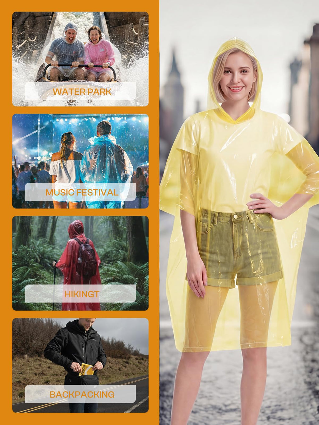 SaphiRose Disposable Adult Rain Ponchos Clear Emergency Raincoat