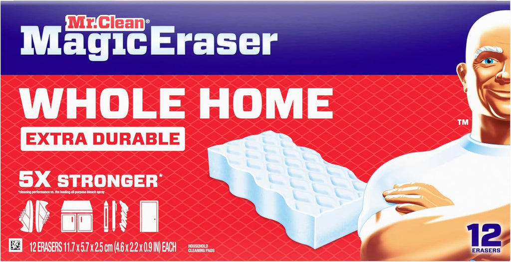 Mr. Clean Magic Eraser, All Purpose Cleaner, Cleaning Scrubber, Wall, Sneaker, Kitchen, Bathroom, Shower Cleaning Supplies, Melamine Pads, Whole Home Extra Durable, 12ct