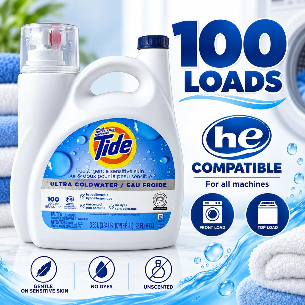 Tide Free & Gentle Liquid Laundry Detergent, Unscented, 1.47 L (32 Loads)