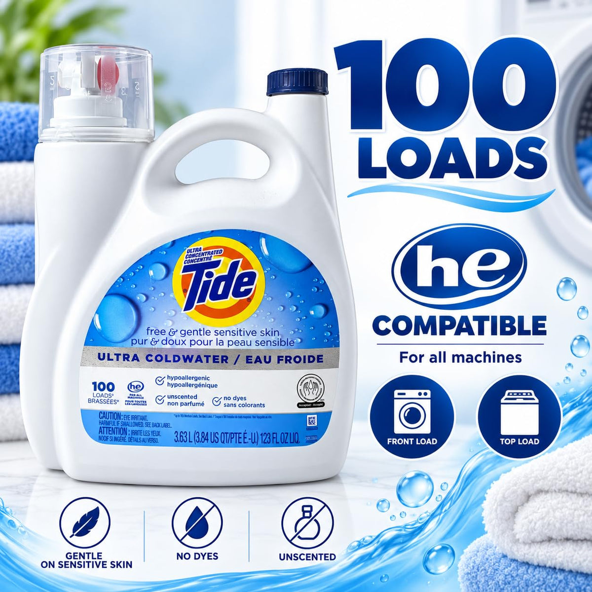 Tide Free & Gentle Liquid Laundry Detergent, Unscented, 1.47 L (32 Loads)