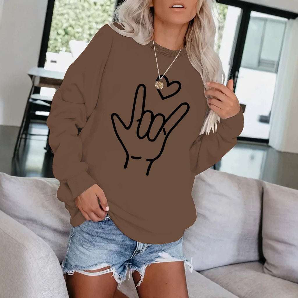 Love Love You Gesture Printed Round Neck Sweatshirt