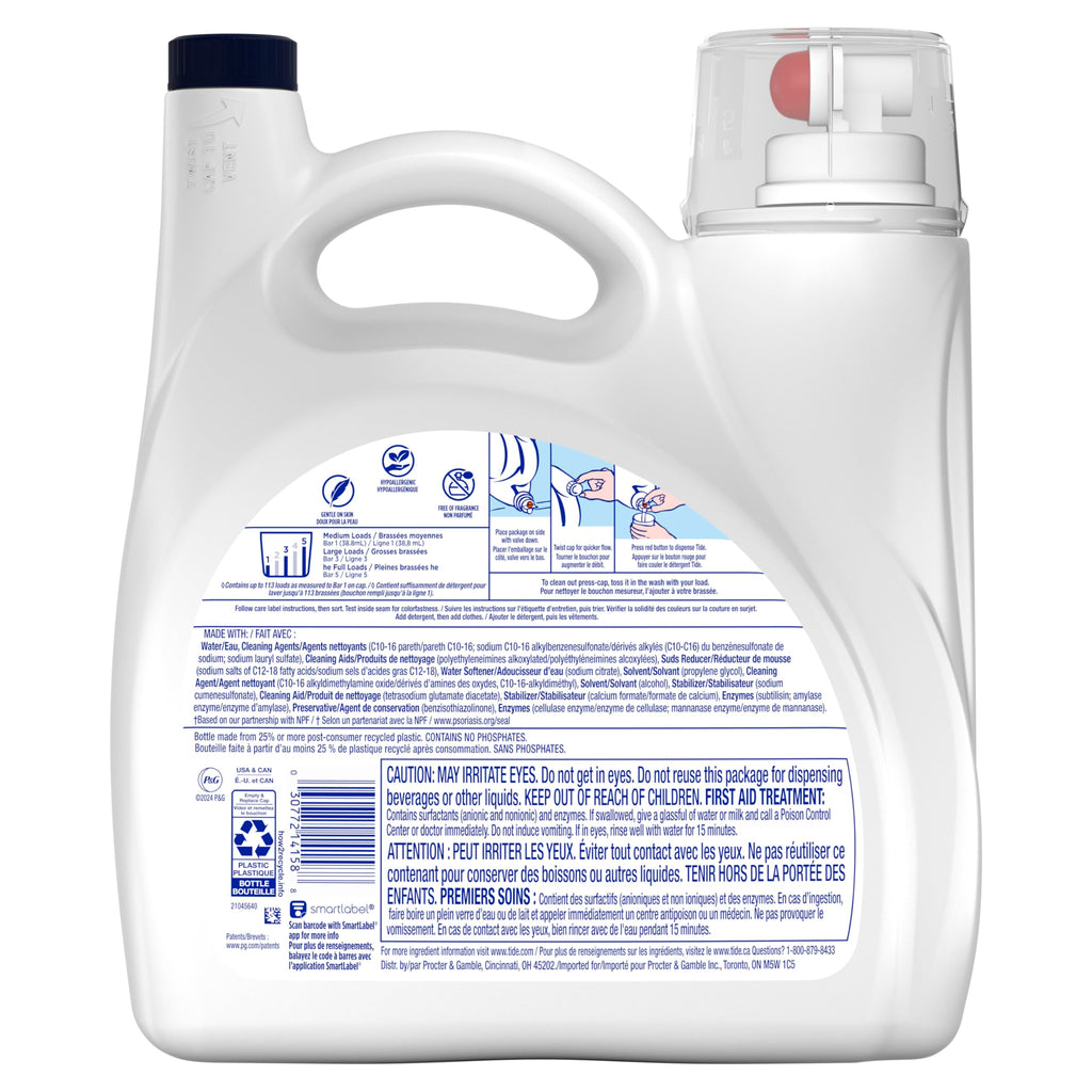 Tide Free & Gentle Liquid Laundry Detergent, Unscented, 1.47 L (32 Loads)