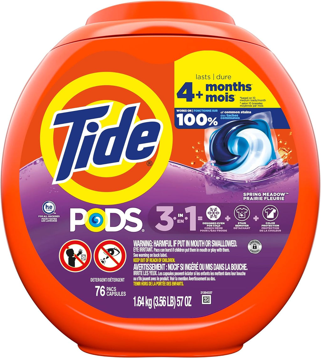 Tide PODS laundry detergent pacs, 3-in-1 Stain Remover, Odor Fighter, Color Protector, 112 Count, HE compatible, Spring Meadow Scent