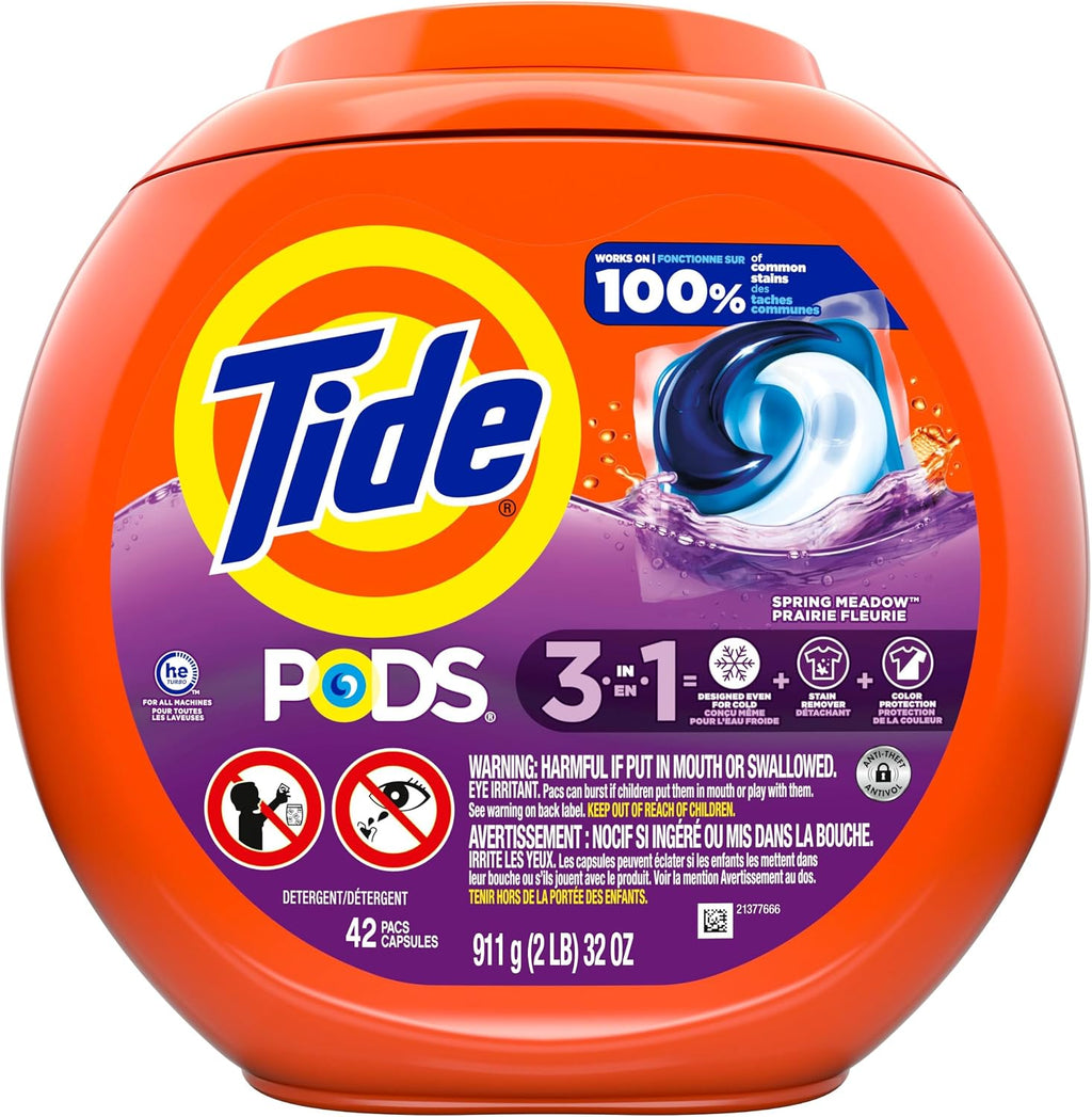 Tide PODS laundry detergent pacs, 3-in-1 Stain Remover, Odor Fighter, Color Protector, 112 Count, HE compatible, Spring Meadow Scent