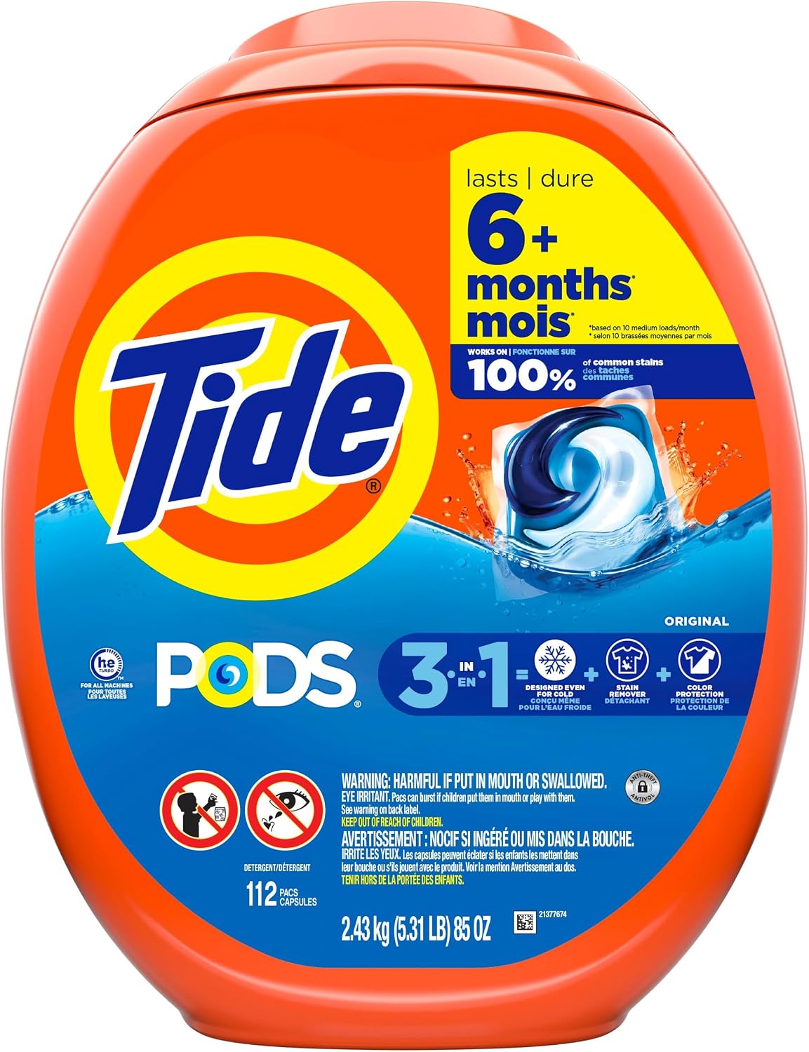 Tide PODS laundry detergent pacs, 3-in-1 Stain Remover, Odor Fighter, Color Protector, 112 Count, HE compatible, Spring Meadow Scent