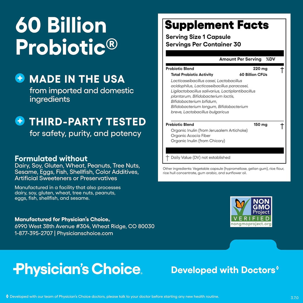 Physician's CHOICE Probiotics 60 Billion CFU - 10 Strains + Organic Prebiotics - Immune, Digestive & Gut Health - Supports Occasional Constipation, Diarrhea, Gas & Bloating - for Women & Men - 30ct
