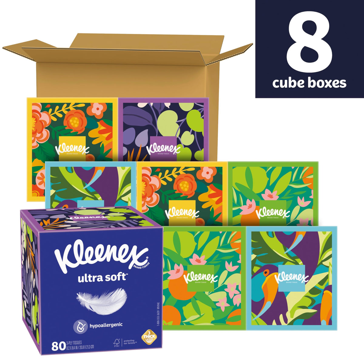 Kleenex Ultra Soft Facial Tissues, 8 Cube Boxes, 80 Tissues per Box