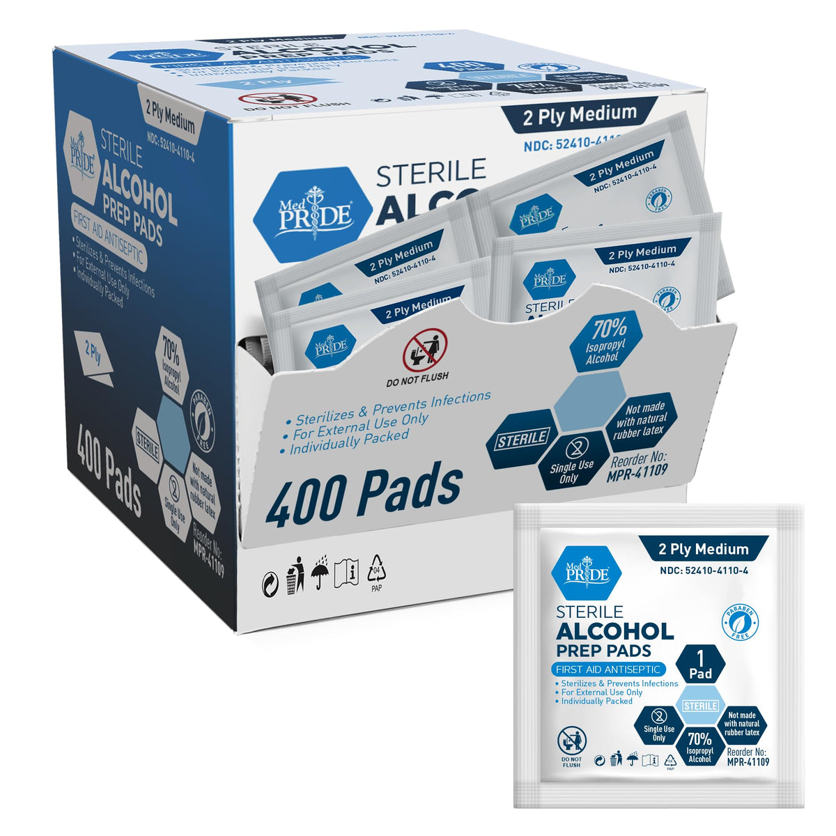 MED PRIDE Sterile Alcohol Prep Pads, 70% Isopropyl, 2-Ply, 200-Count Pack