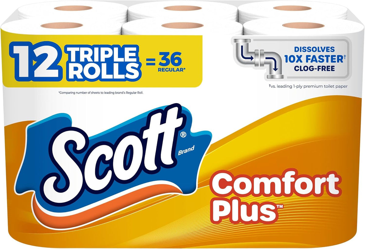 Scott ComfortPlus Toilet Paper, 12 Triple Rolls, 231 Sheets per Roll, Septic-Safe, 1-Ply Toilet Tissue