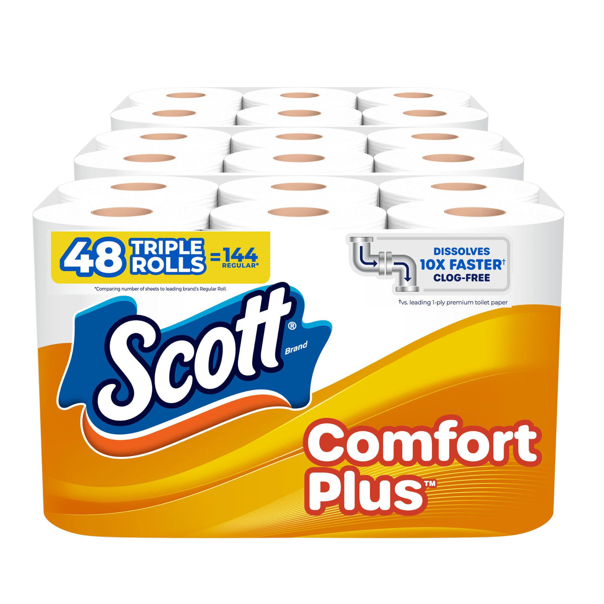 Scott ComfortPlus Toilet Paper, 12 Triple Rolls, 231 Sheets per Roll, Septic-Safe, 1-Ply Toilet Tissue