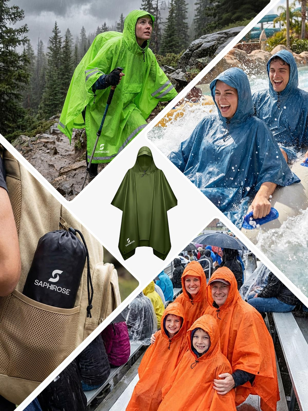 SaphiRose Hooded Rain Poncho Waterproof Raincoat Jacket for Men Women Adults