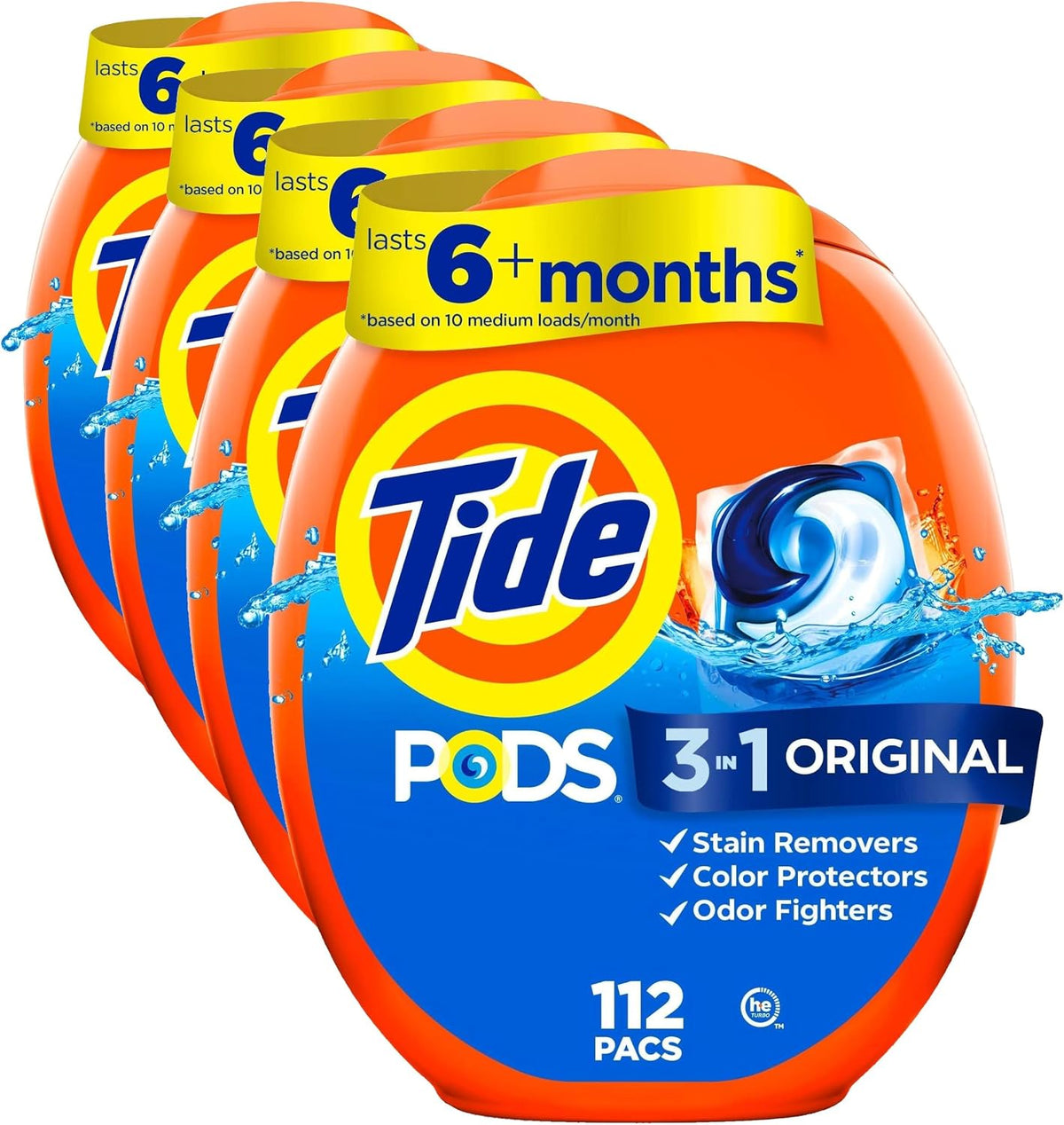 Tide PODS laundry detergent pacs, 3-in-1 Stain Remover, Odor Fighter, Color Protector, 112 Count, HE compatible, Spring Meadow Scent
