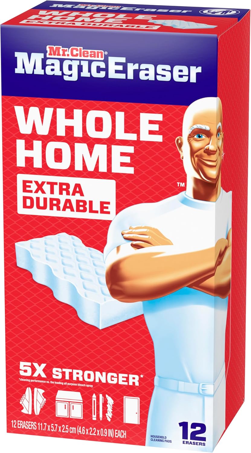 Mr. Clean Magic Eraser, All Purpose Cleaner, Cleaning Scrubber, Wall, Sneaker, Kitchen, Bathroom, Shower Cleaning Supplies, Melamine Pads, Whole Home Extra Durable, 12ct