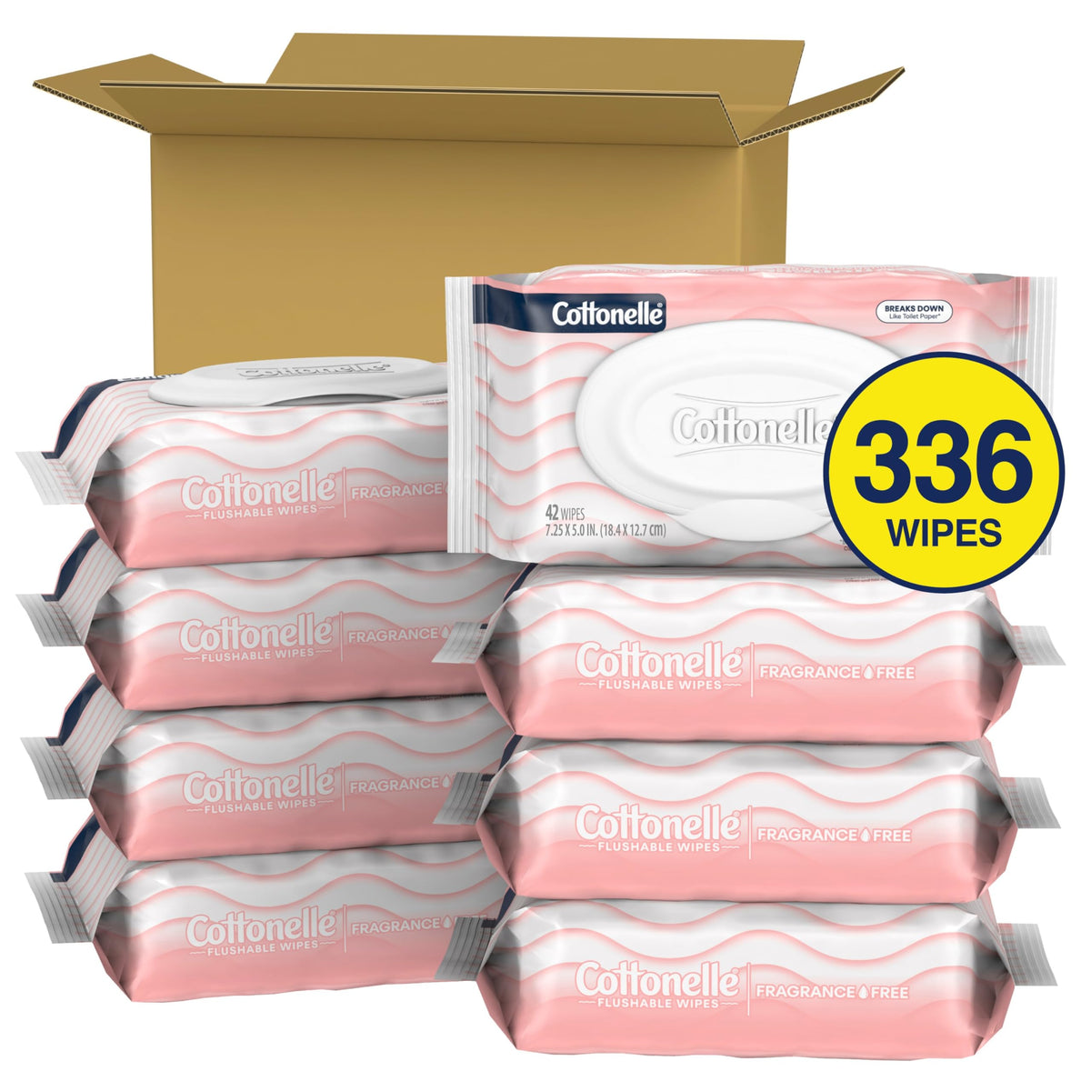 Cottonelle Fresh Feel Flushable Wet Wipes, Adult Wet Wipes, 8 Flip-Top Packs, 42 Wipes Per Pack (336 Total Wipes)