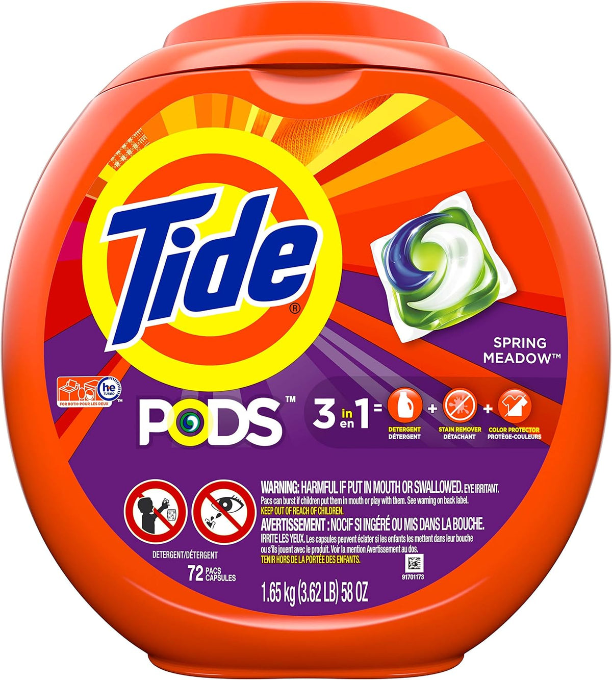 Tide PODS laundry detergent pacs, 3-in-1 Stain Remover, Odor Fighter, Color Protector, 112 Count, HE compatible, Spring Meadow Scent