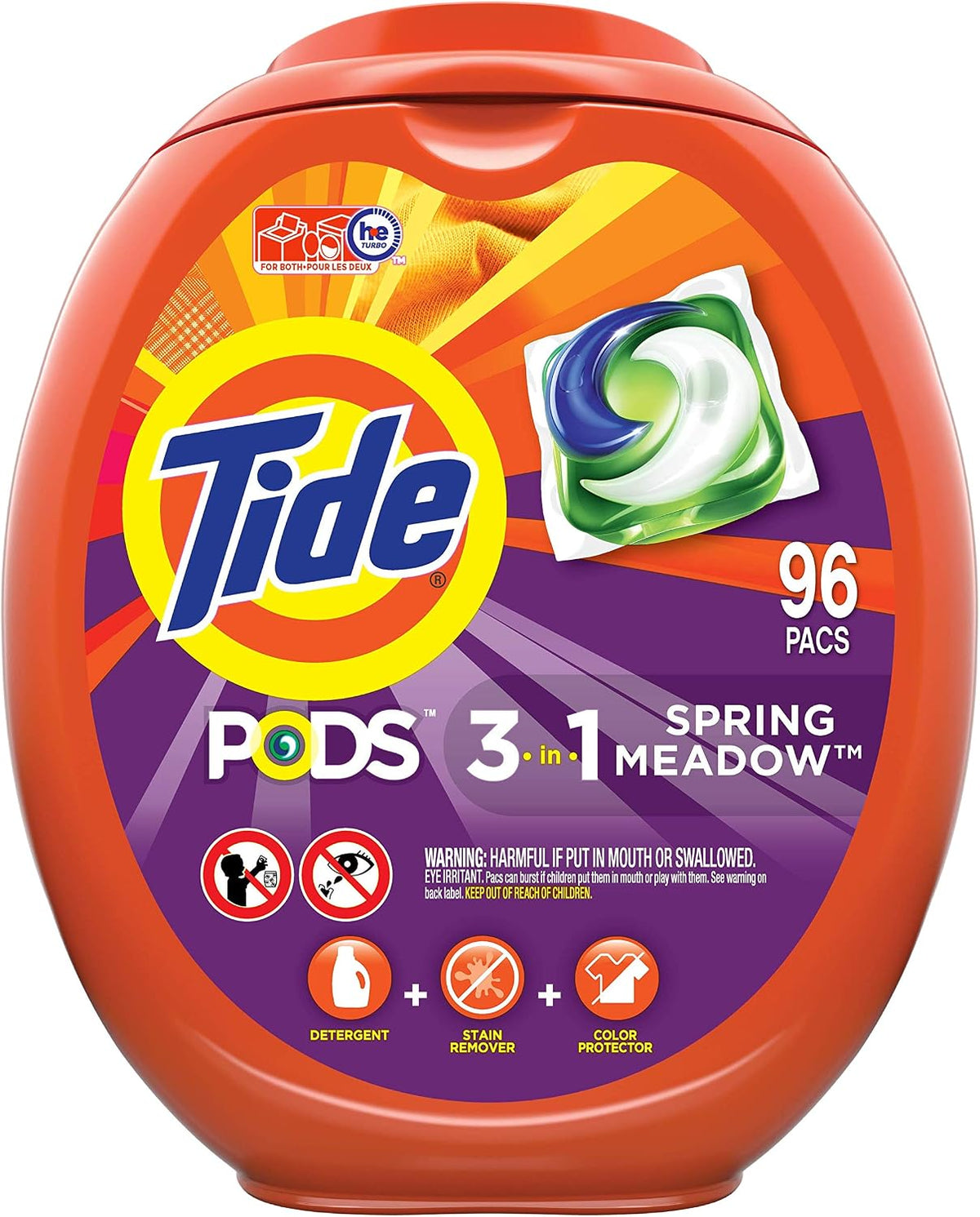 Tide PODS laundry detergent pacs, 3-in-1 Stain Remover, Odor Fighter, Color Protector, 112 Count, HE compatible, Spring Meadow Scent